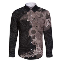 Hawaiian Tropical Plants and Chameleon Family Matching Off The Shoulder Long Sleeve Dress and Hawaiian Shirt Polynesian Art Grayscale - Polynesian Pride