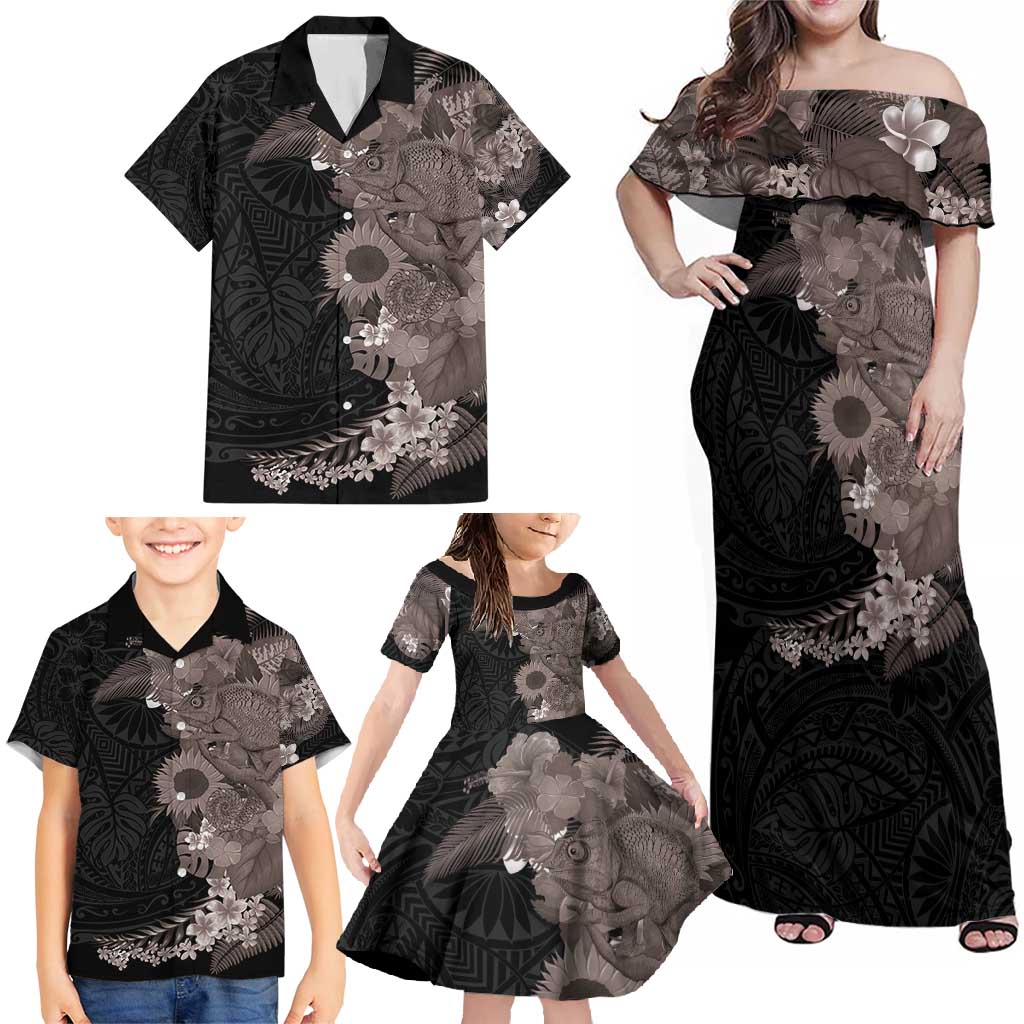 Hawaiian Tropical Plants and Chameleon Family Matching Off Shoulder Maxi Dress and Hawaiian Shirt Polynesian Art Grayscale - Polynesian Pride