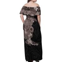 Hawaiian Tropical Plants and Chameleon Family Matching Off Shoulder Maxi Dress and Hawaiian Shirt Polynesian Art Grayscale LT03 - Polynesian Pride
