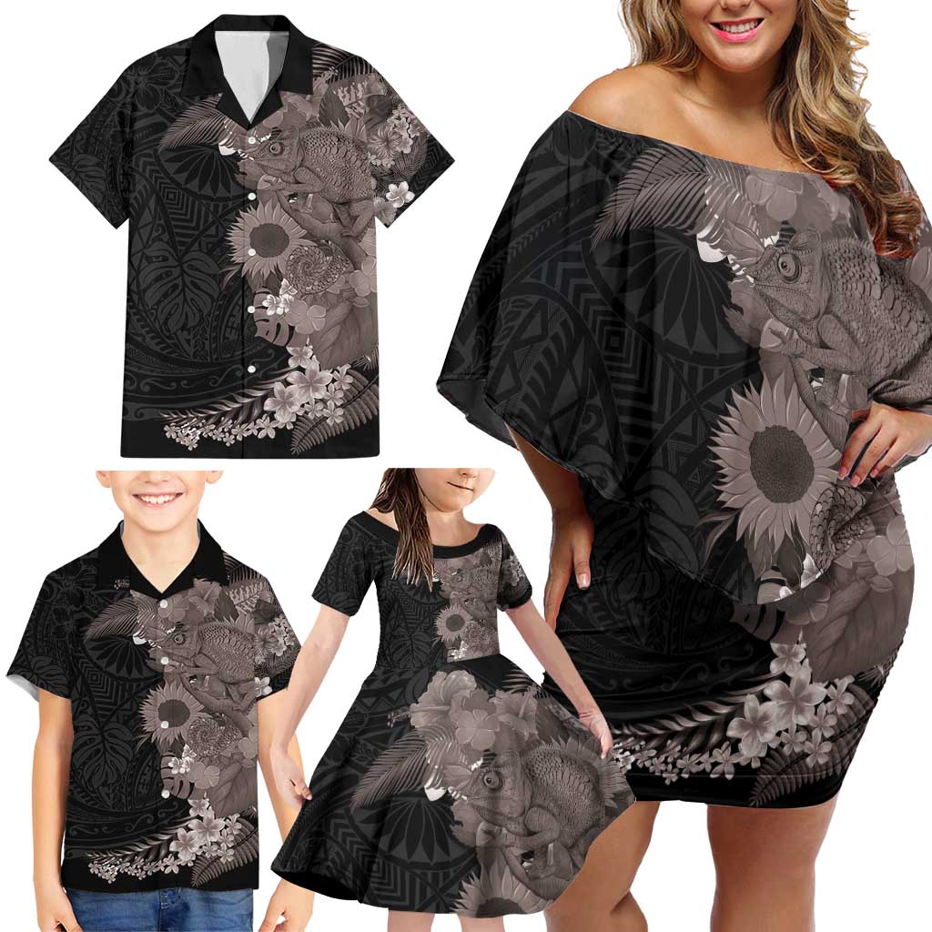 Hawaiian Tropical Plants and Chameleon Family Matching Off Shoulder Short Dress and Hawaiian Shirt Polynesian Art Grayscale - Polynesian Pride