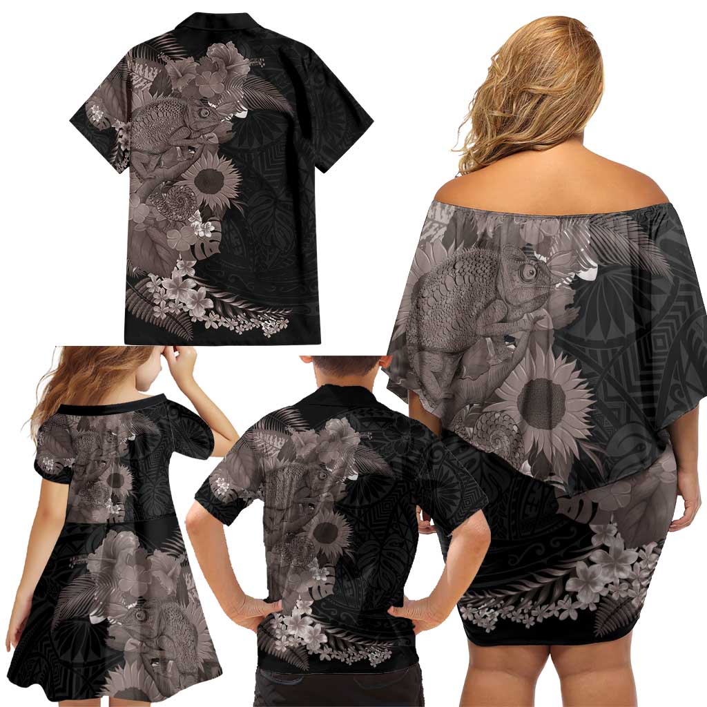 Hawaiian Tropical Plants and Chameleon Family Matching Off Shoulder Short Dress and Hawaiian Shirt Polynesian Art Grayscale LT03 - Polynesian Pride