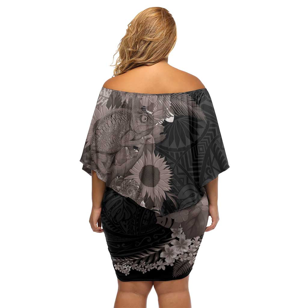 Hawaiian Tropical Plants and Chameleon Family Matching Off Shoulder Short Dress and Hawaiian Shirt Polynesian Art Grayscale LT03 - Polynesian Pride