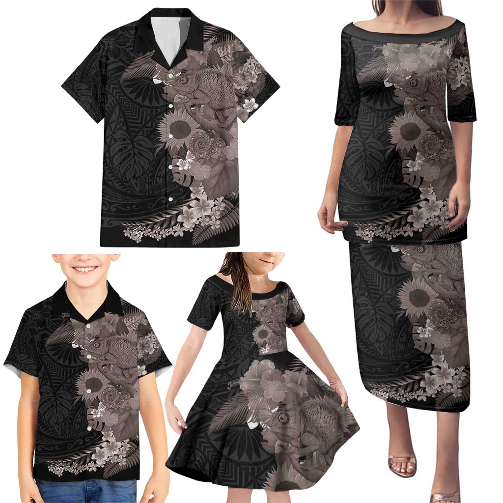 Hawaiian Tropical Plants and Chameleon Family Matching Puletasi and Hawaiian Shirt Polynesian Art Grayscale - Polynesian Pride