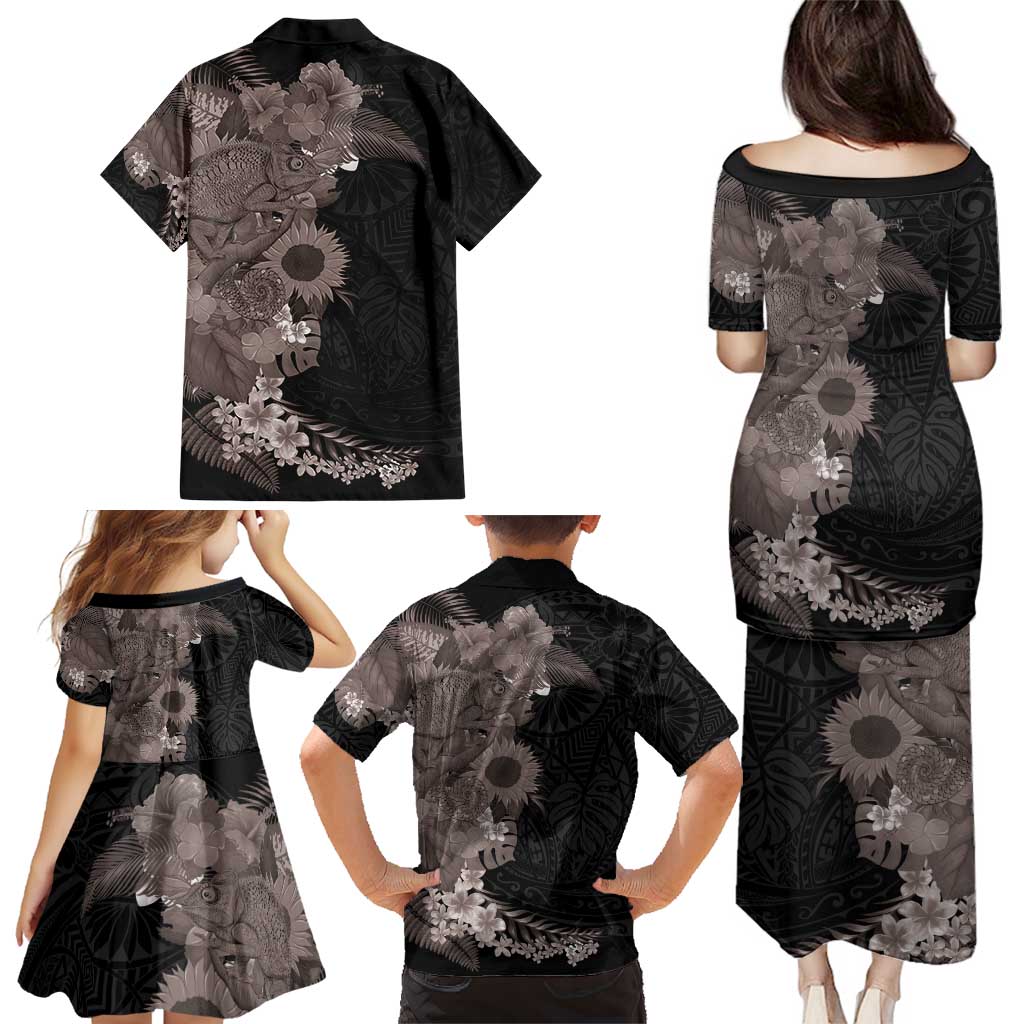 Hawaiian Tropical Plants and Chameleon Family Matching Puletasi and Hawaiian Shirt Polynesian Art Grayscale - Polynesian Pride