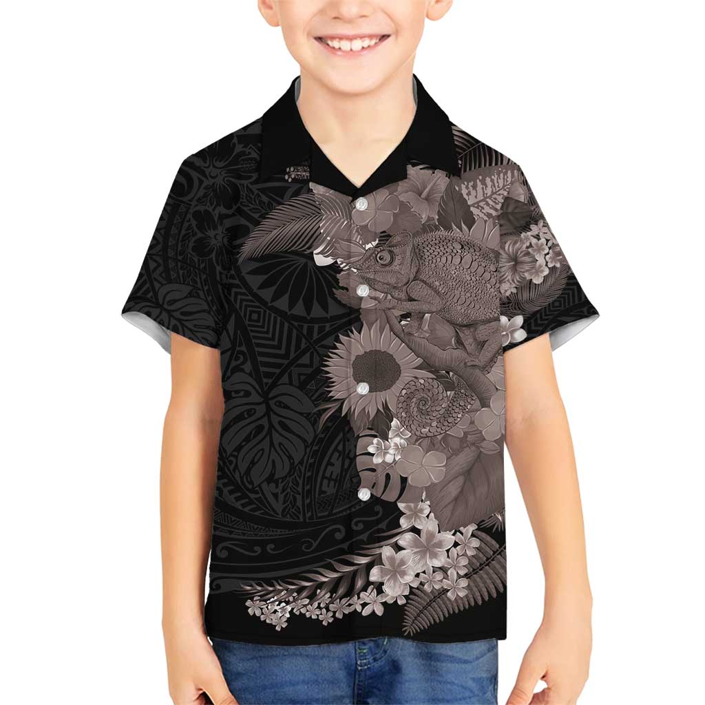 Hawaiian Tropical Plants and Chameleon Family Matching Puletasi and Hawaiian Shirt Polynesian Art Grayscale - Polynesian Pride