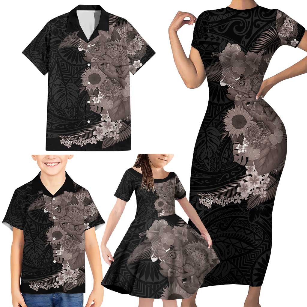 Hawaiian Tropical Plants and Chameleon Family Matching Short Sleeve Bodycon Dress and Hawaiian Shirt Polynesian Art Grayscale LT03 - Polynesian Pride