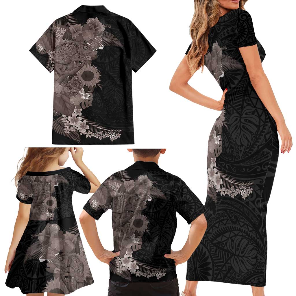 Hawaiian Tropical Plants and Chameleon Family Matching Short Sleeve Bodycon Dress and Hawaiian Shirt Polynesian Art Grayscale LT03 - Polynesian Pride