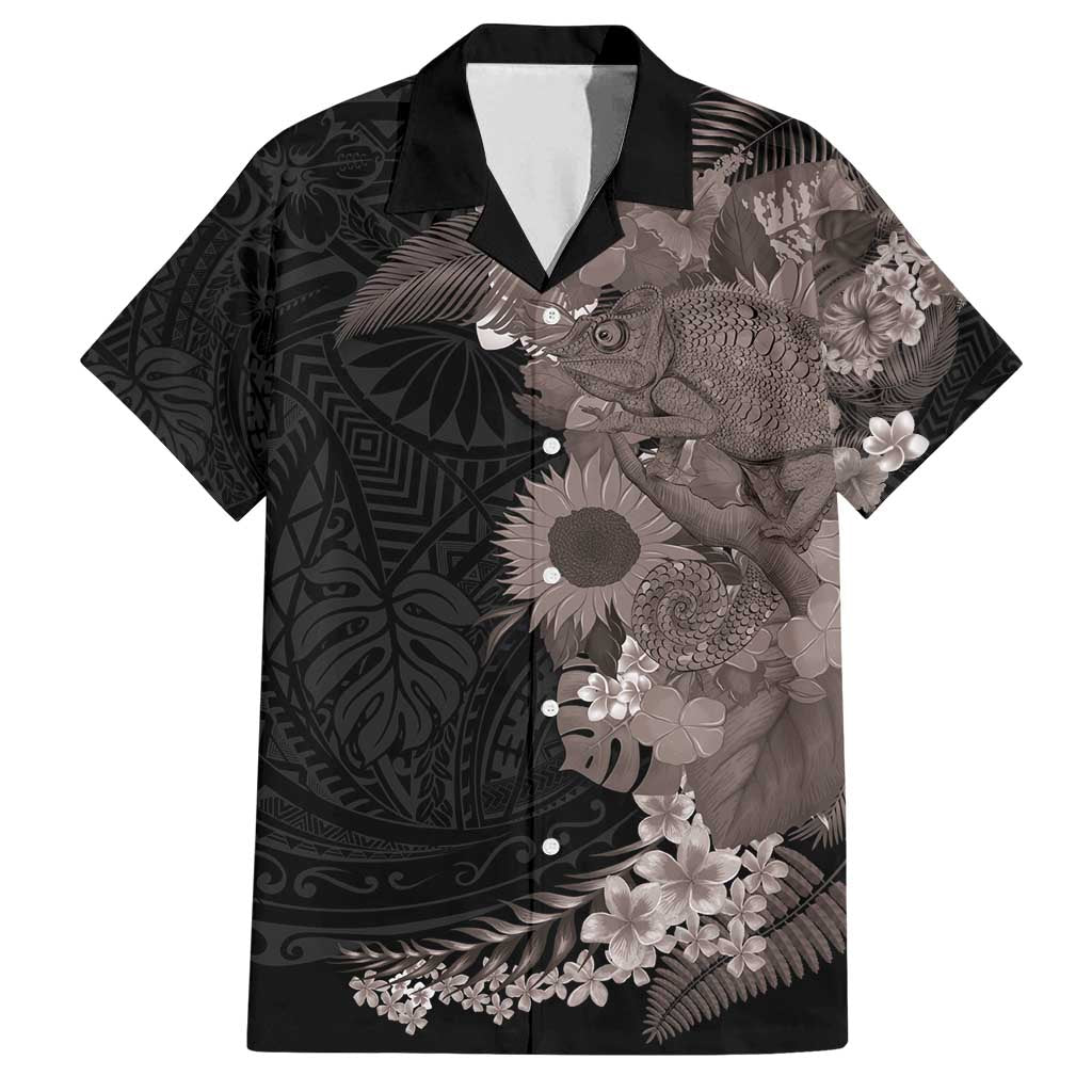 Hawaiian Tropical Plants and Chameleon Family Matching Summer Maxi Dress and Hawaiian Shirt Polynesian Art Grayscale LT03 Dad's Shirt - Short Sleeve Black - Polynesian Pride