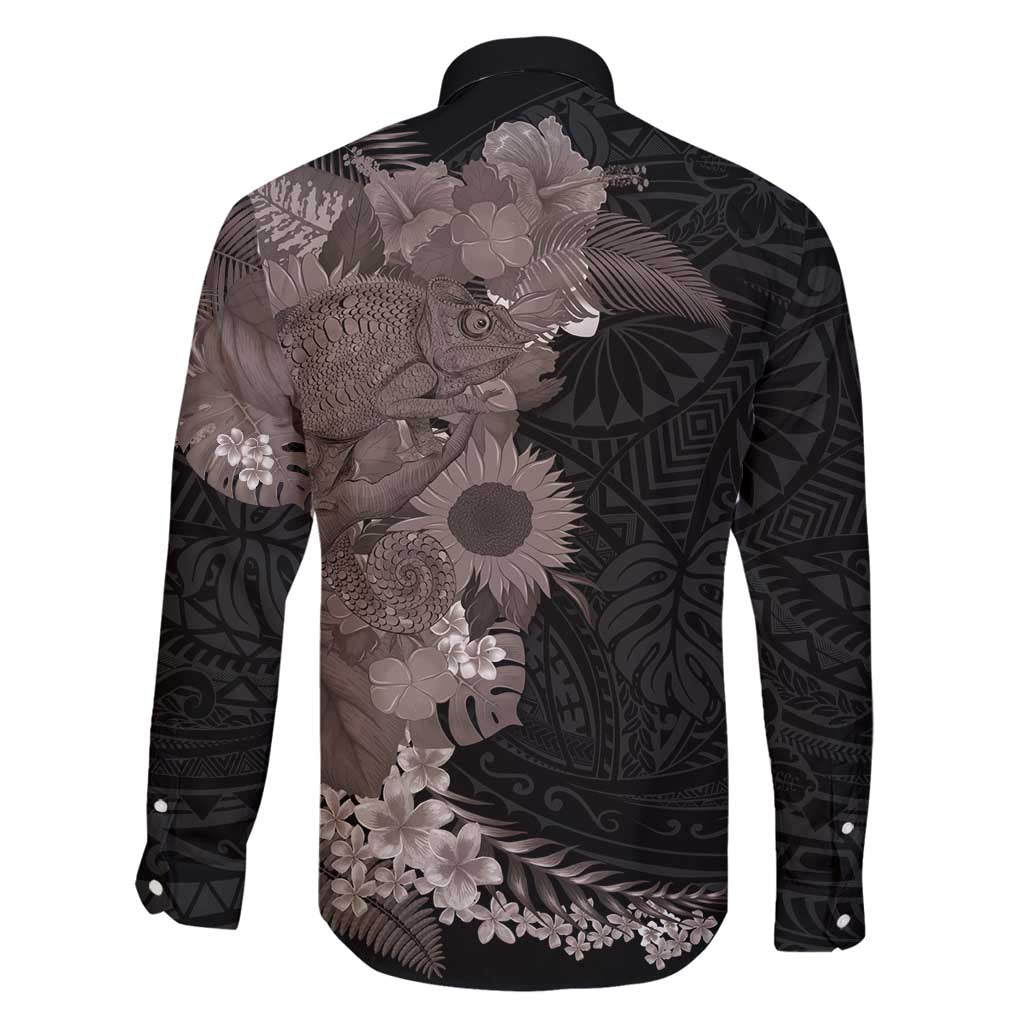 Hawaiian Tropical Plants and Chameleon Family Matching Tank Maxi Dress and Hawaiian Shirt Polynesian Art Grayscale - Polynesian Pride