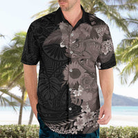 Hawaiian Tropical Plants and Chameleon Hawaiian Shirt Polynesian Art Grayscale - Polynesian Pride