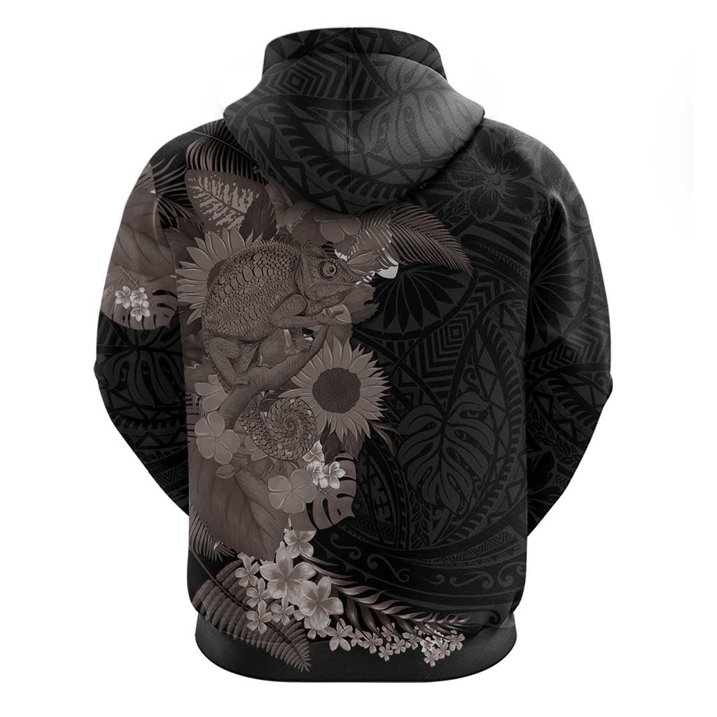 Hawaiian Tropical Plants and Chameleon Hoodie Polynesian Art Grayscale - Polynesian Pride