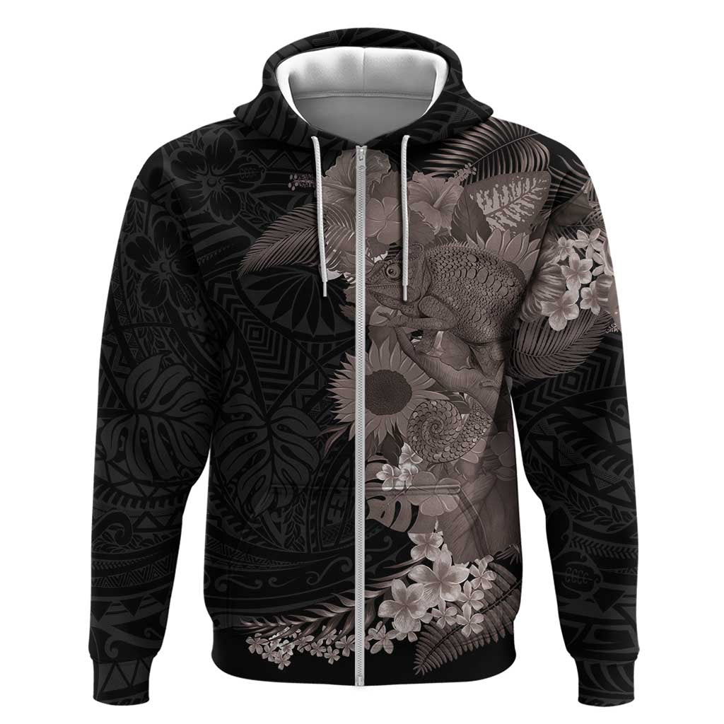 Hawaiian Tropical Plants and Chameleon Hoodie Polynesian Art Grayscale - Polynesian Pride