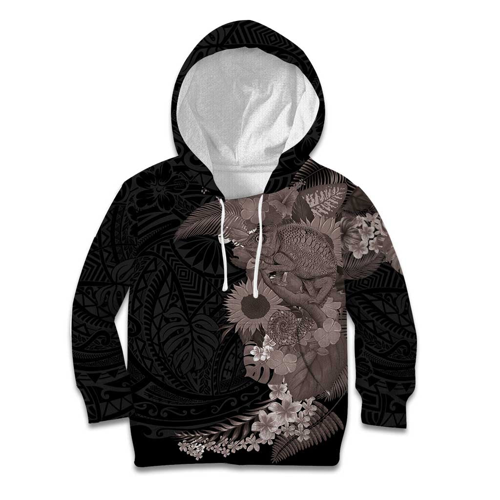Hawaiian Tropical Plants and Chameleon Kid Hoodie Polynesian Art Grayscale - Polynesian Pride