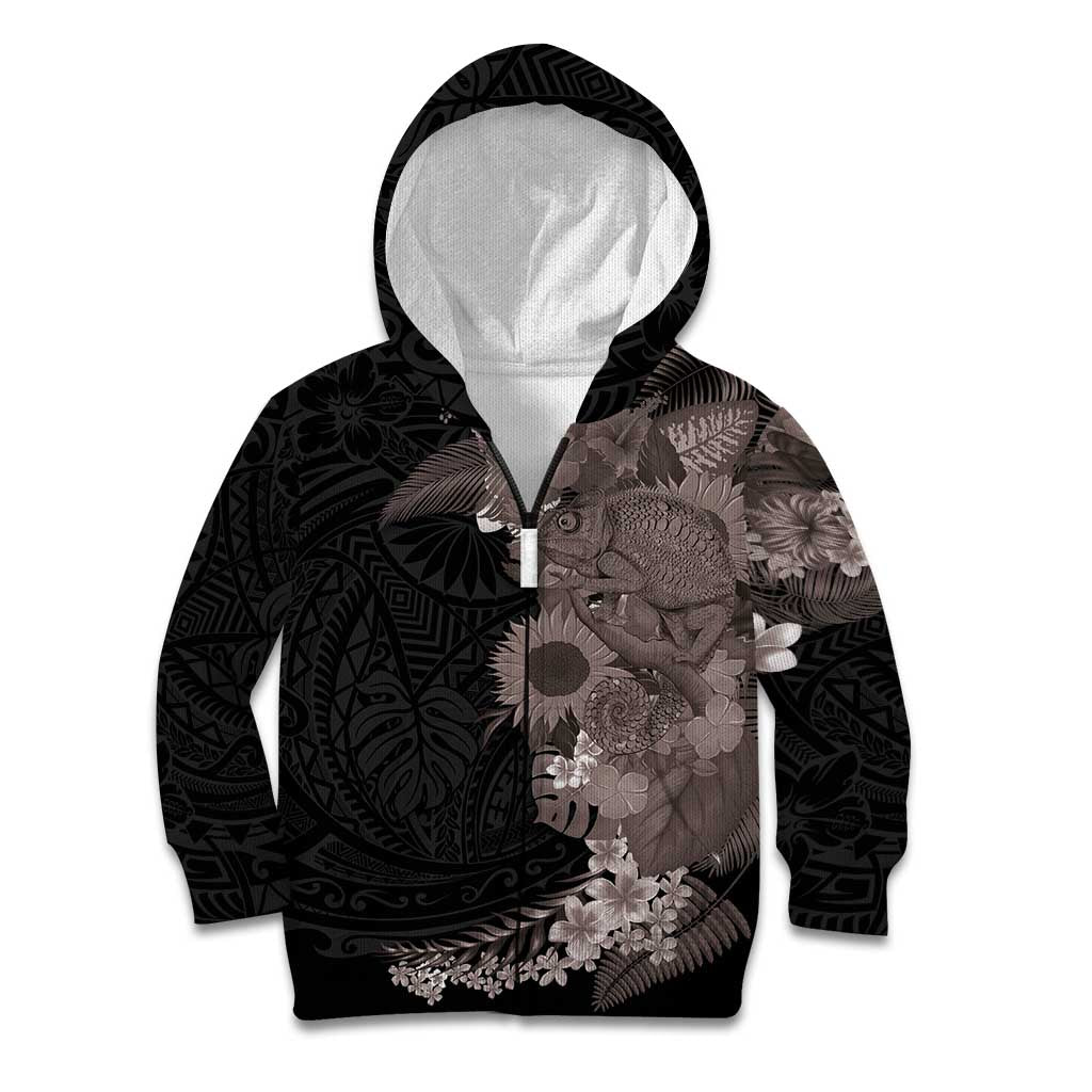 Hawaiian Tropical Plants and Chameleon Kid Hoodie Polynesian Art Grayscale - Polynesian Pride