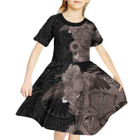 Hawaiian Tropical Plants and Chameleon Kid Short Sleeve Dress Polynesian Art Grayscale - Polynesian Pride