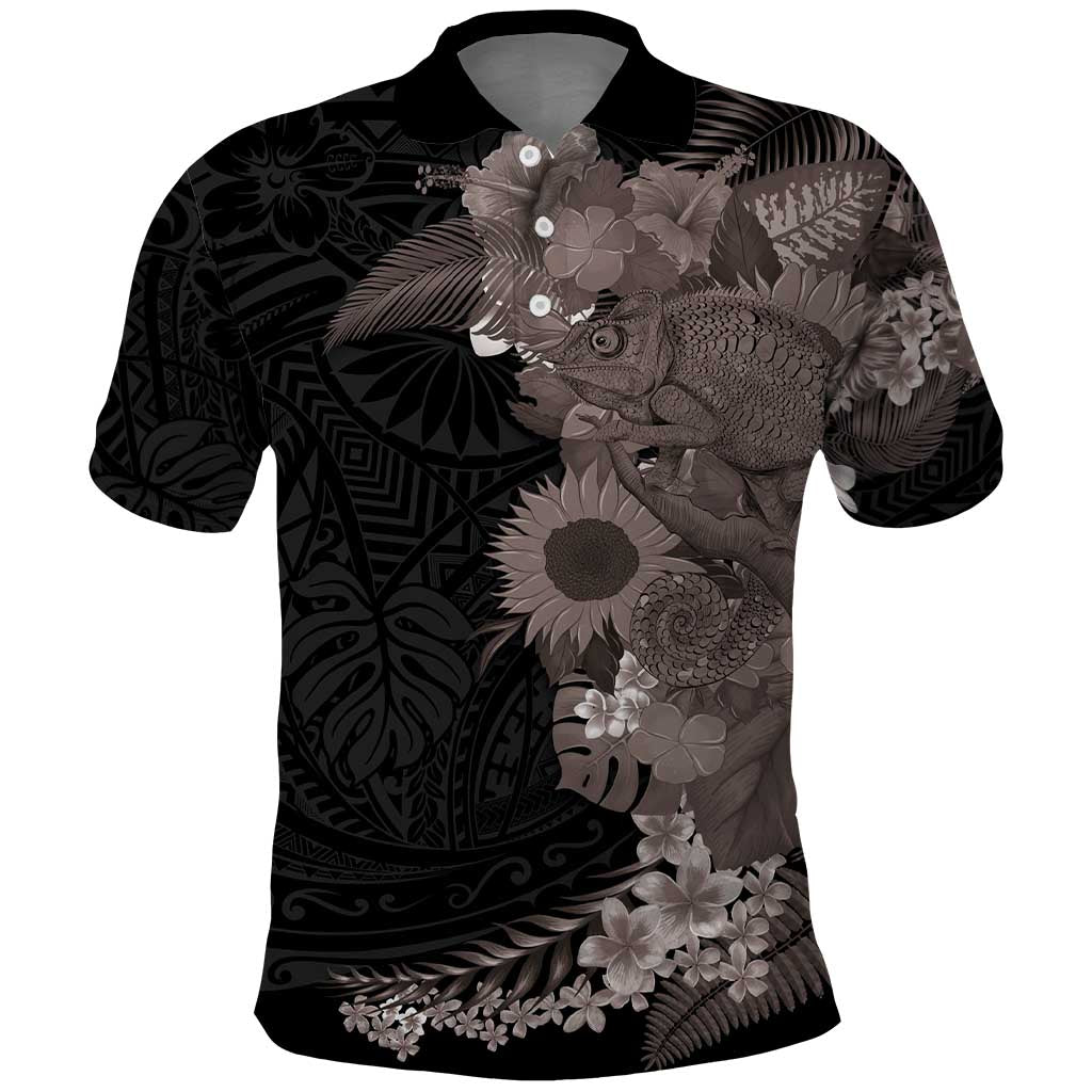 Hawaiian Tropical Plants and Chameleon Polo Shirt Polynesian Art Grayscale - Polynesian Pride