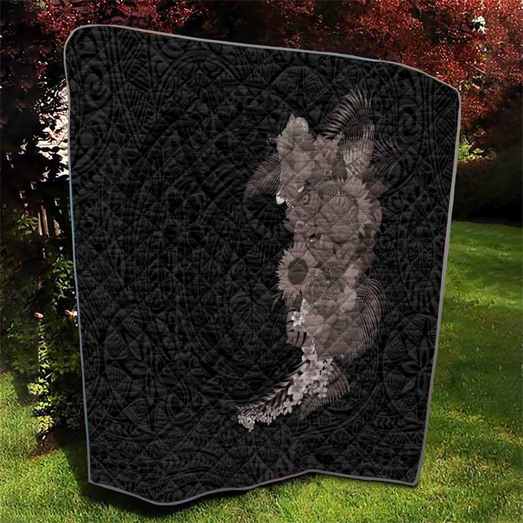 Hawaiian Tropical Plants and Chameleon Quilt Polynesian Art Grayscale - Polynesian Pride