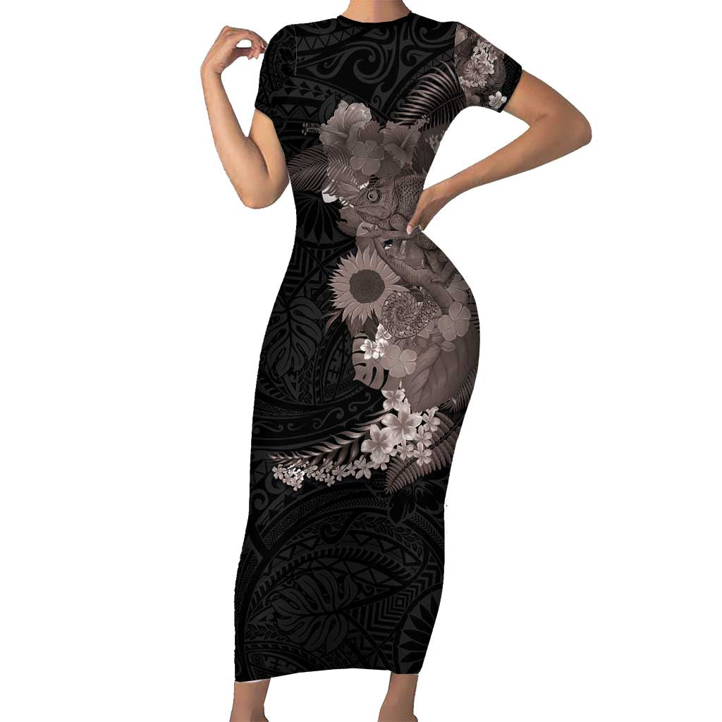 Hawaiian Tropical Plants and Chameleon Short Sleeve Bodycon Dress Polynesian Art Grayscale - Polynesian Pride