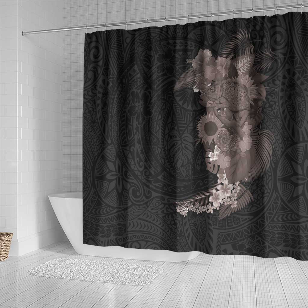Hawaiian Tropical Plants and Chameleon Shower Curtain Polynesian Art Grayscale - Polynesian Pride