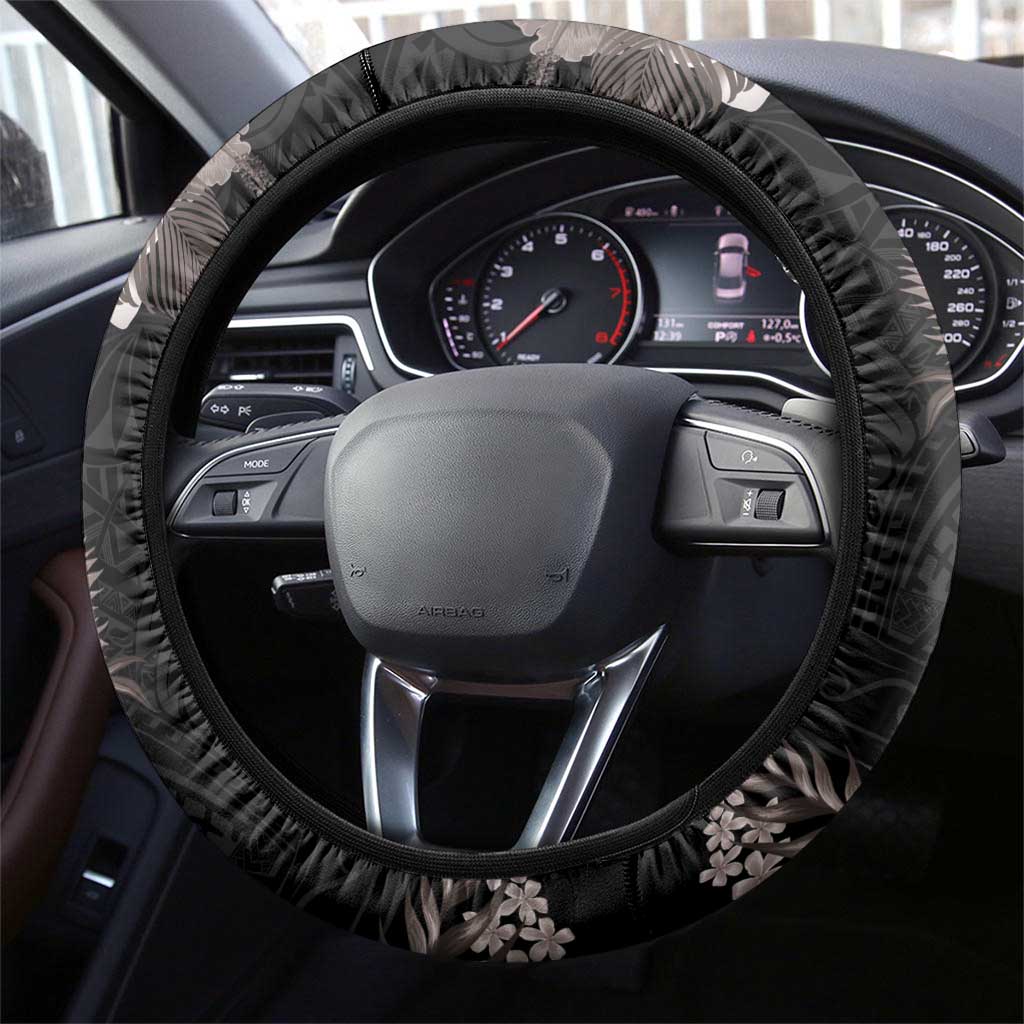 Hawaiian Tropical Plants and Chameleon Steering Wheel Cover Polynesian Art Grayscale - Polynesian Pride