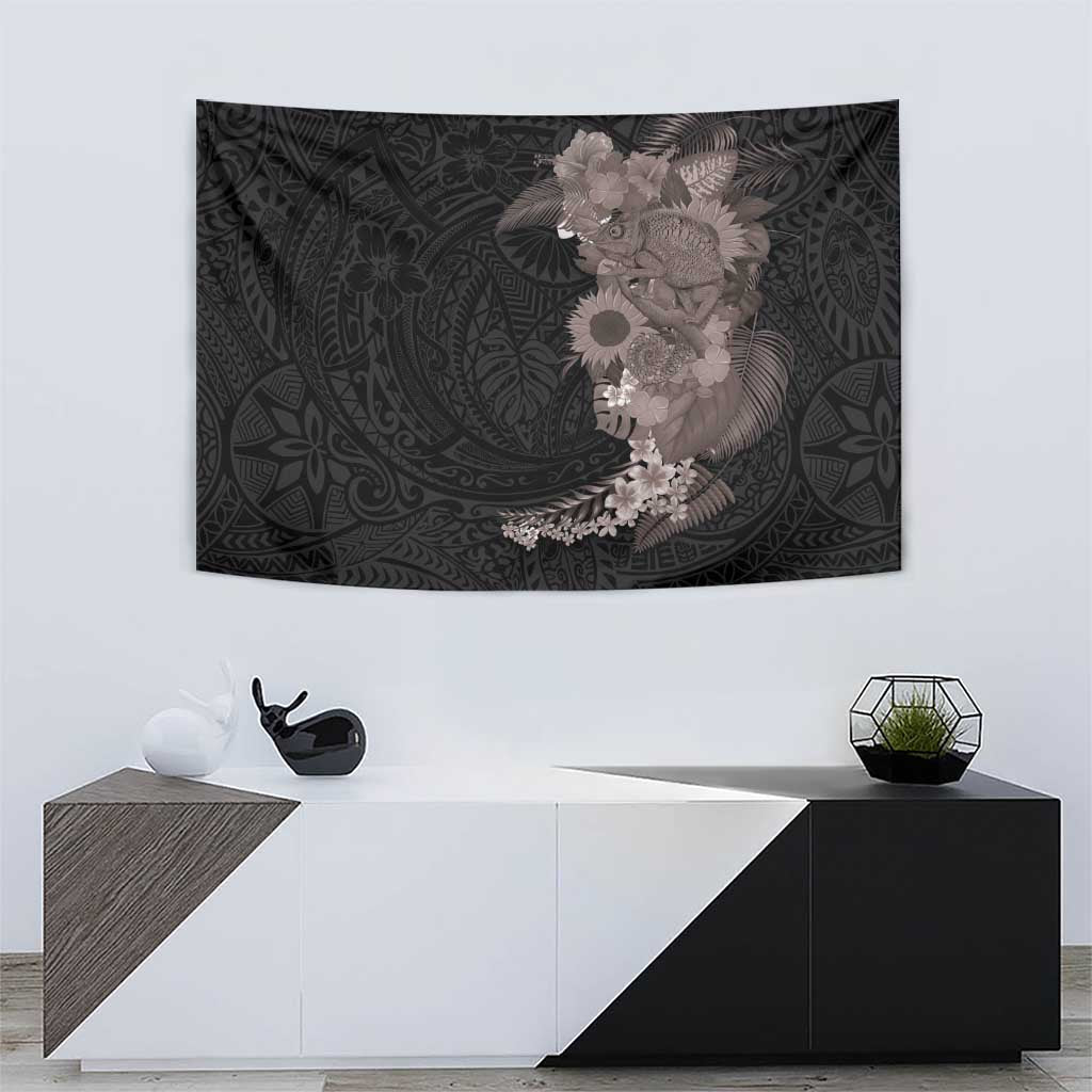 Hawaiian Tropical Plants and Chameleon Tapestry Polynesian Art Grayscale - Polynesian Pride