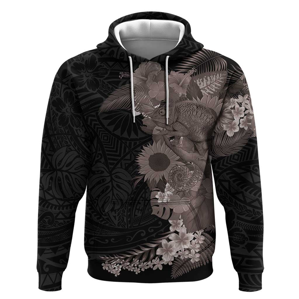 Hawaiian Tropical Plants and Chameleon Zip Hoodie Polynesian Art Grayscale - Polynesian Pride