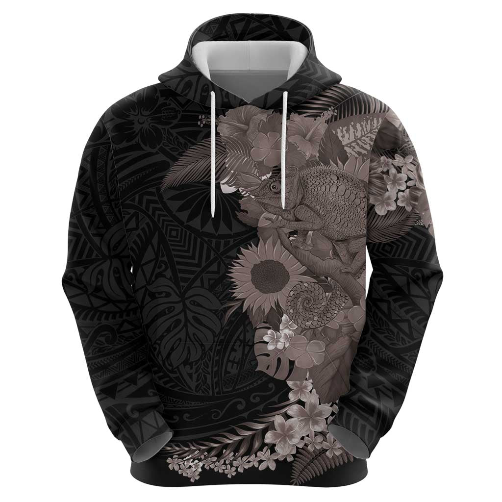 Hawaiian Tropical Plants and Chameleon Zip Hoodie Polynesian Art Grayscale - Polynesian Pride