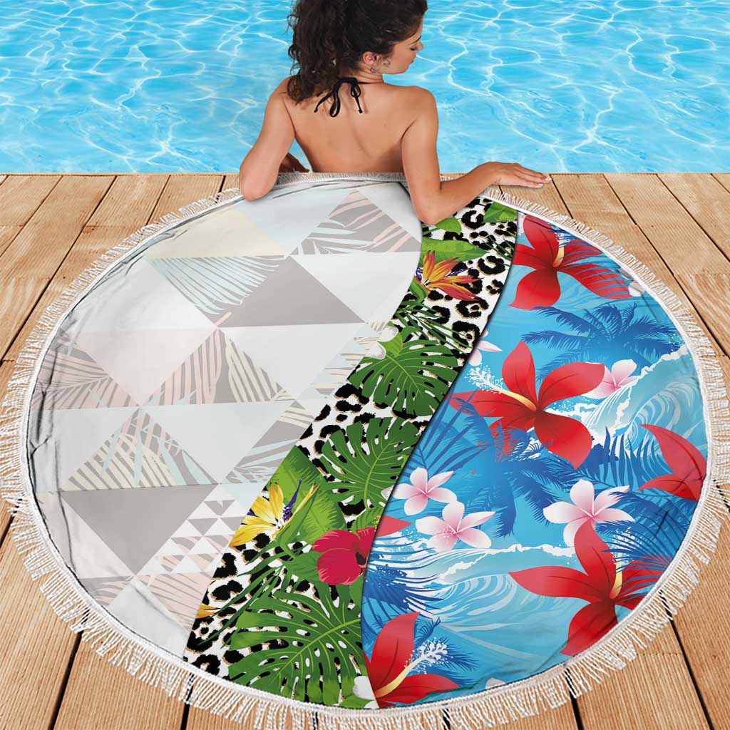 Hawaiian Tropical Flowers and Leaves Beach Blanket on Leopard Pattern Half Style White-Blue Version - Polynesian Pride