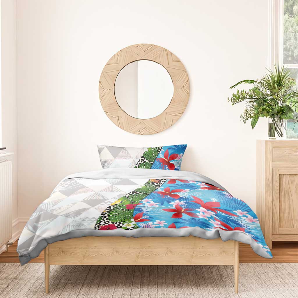Hawaiian Tropical Flowers and Leaves Bedding Set on Leopard Pattern Half Style White-Blue Version - Polynesian Pride