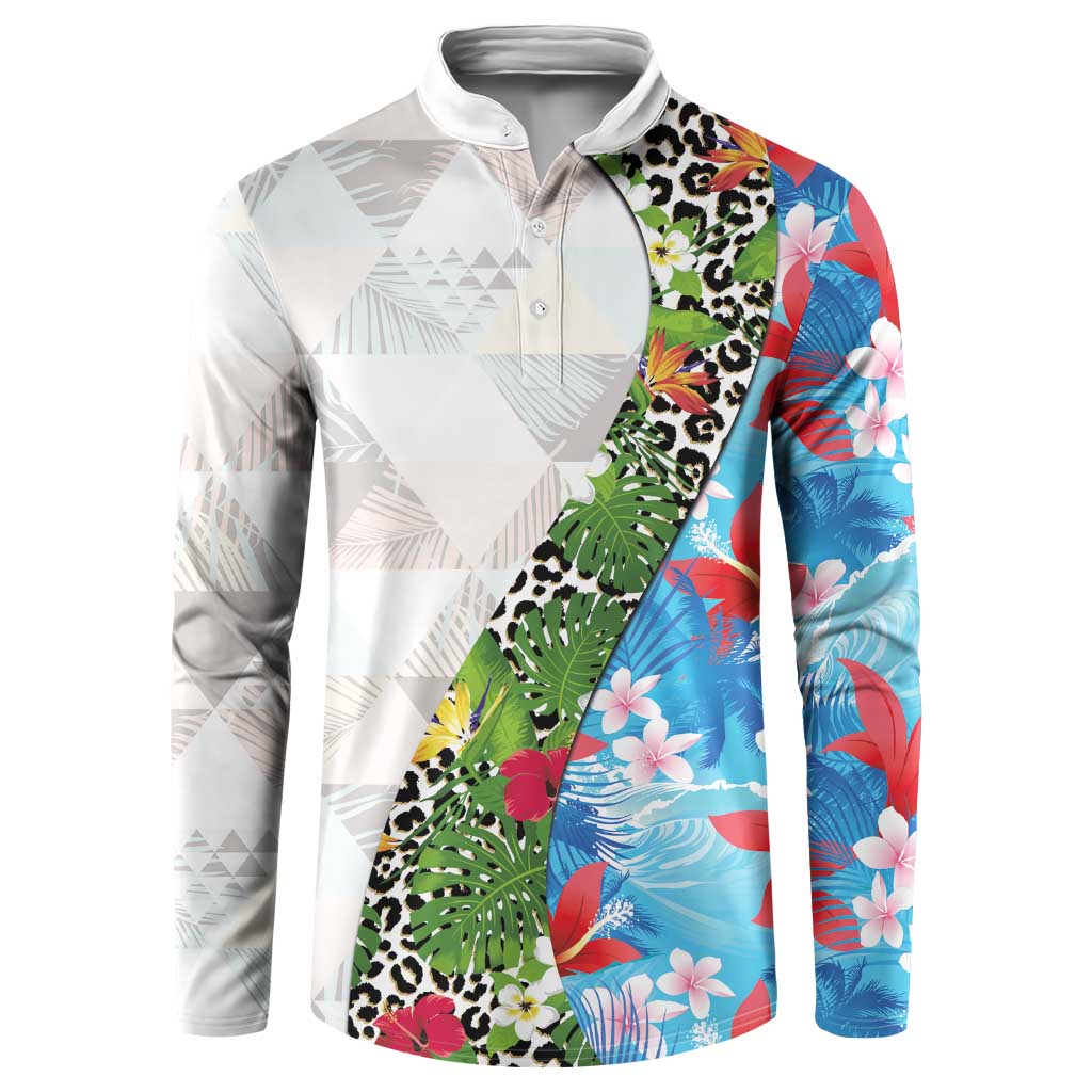 Hawaiian Tropical Flowers and Leaves Button Sweatshirt on Leopard Pattern Half Style White-Blue Version - Polynesian Pride