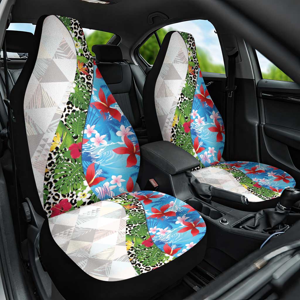 Hawaiian Tropical Flowers and Leaves Car Seat Cover on Leopard Pattern Half Style White-Blue Version - Polynesian Pride