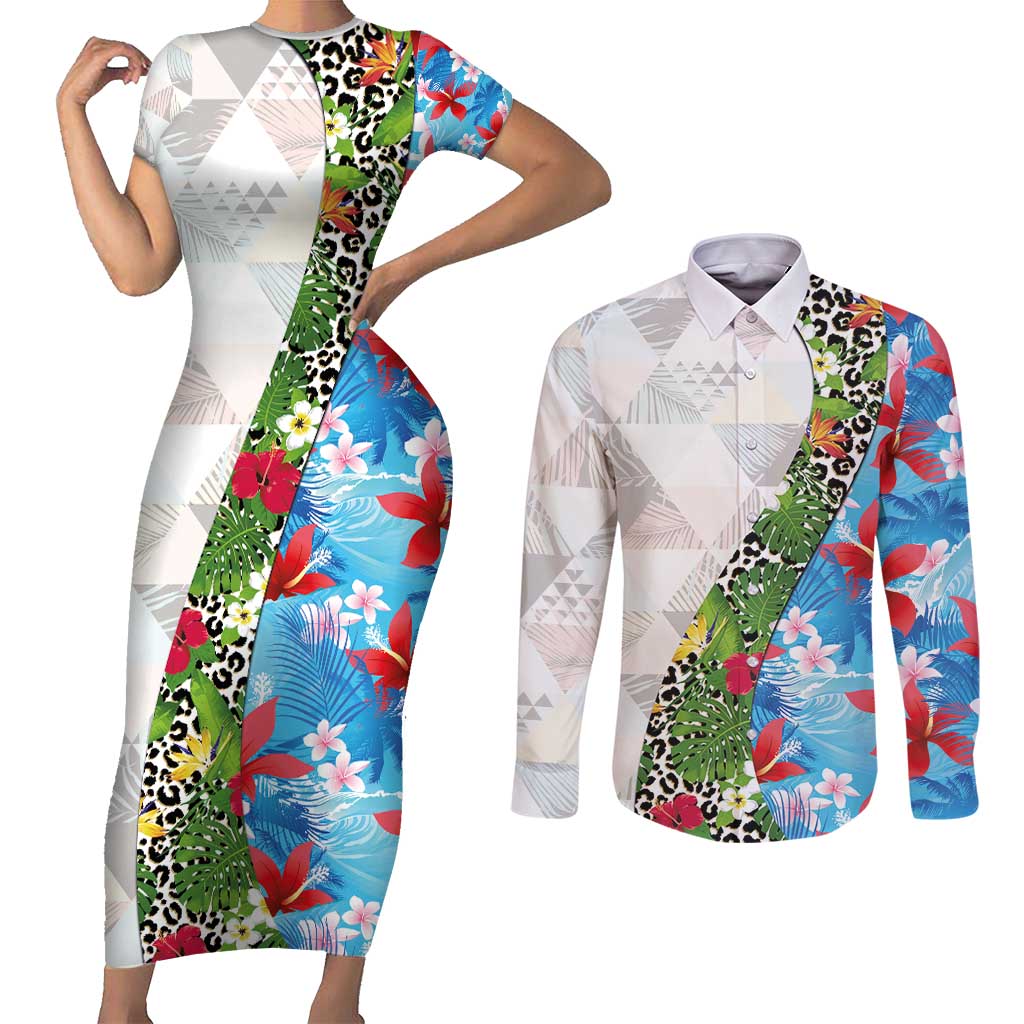 Hawaiian Tropical Flowers and Leaves Couples Matching Short Sleeve Bodycon Dress and Long Sleeve Button Shirt on Leopard Pattern Half Style White-Blue Version - Polynesian Pride