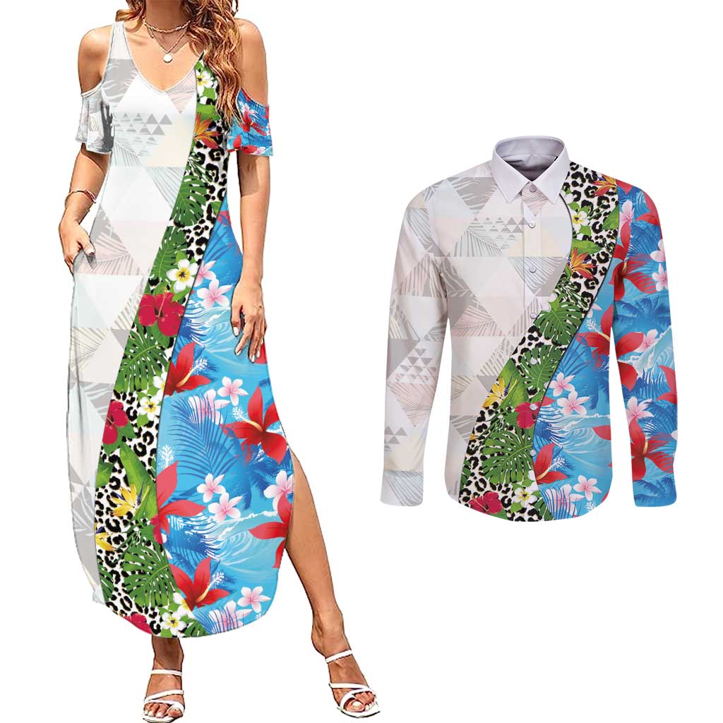 Hawaiian Tropical Flowers and Leaves Couples Matching Summer Maxi Dress and Long Sleeve Button Shirt on Leopard Pattern Half Style White-Blue Version - Polynesian Pride