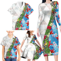 Hawaiian Tropical Flowers and Leaves Family Matching Long Sleeve Bodycon Dress and Hawaiian Shirt on Leopard Pattern Half Style White-Blue Version LT03 - Polynesian Pride