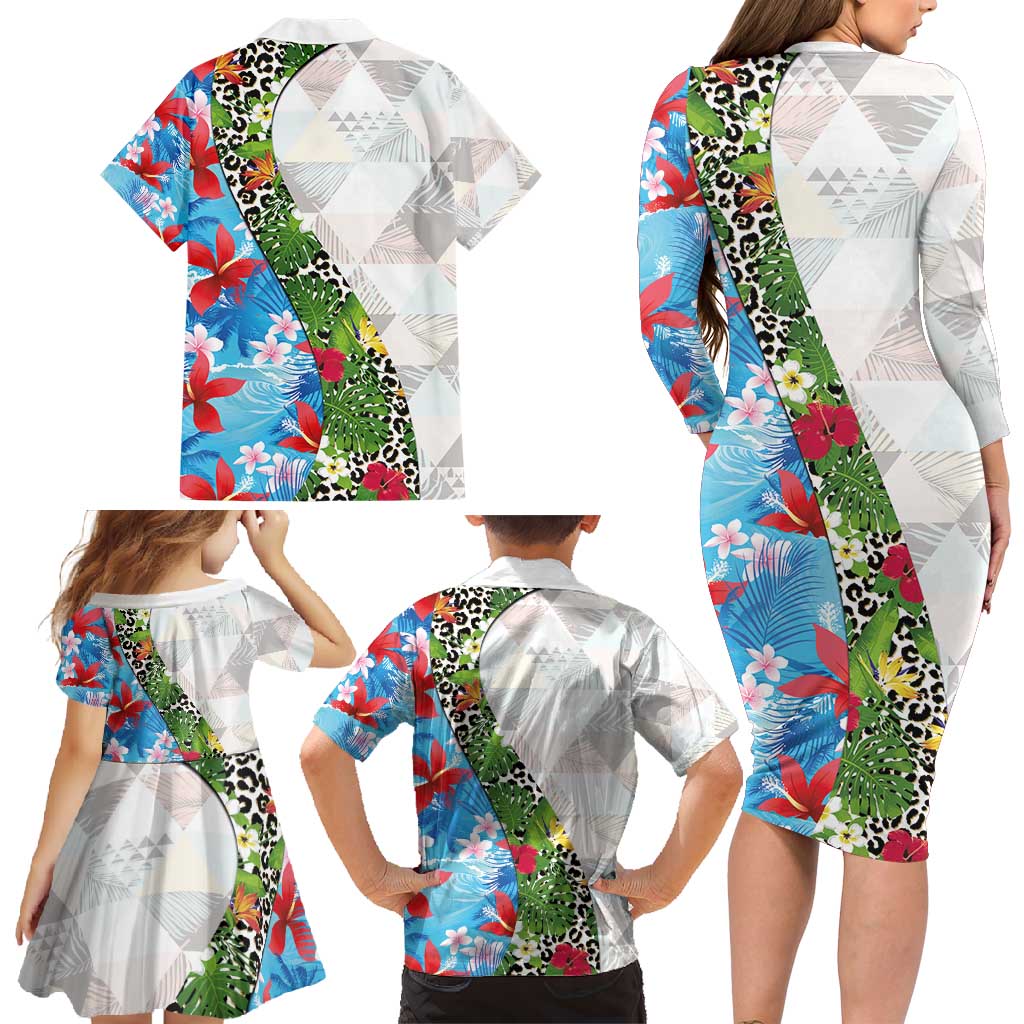 Hawaiian Tropical Flowers and Leaves Family Matching Long Sleeve Bodycon Dress and Hawaiian Shirt on Leopard Pattern Half Style White-Blue Version LT03 - Polynesian Pride