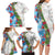 Hawaiian Tropical Flowers and Leaves Family Matching Long Sleeve Bodycon Dress and Hawaiian Shirt on Leopard Pattern Half Style White-Blue Version - Polynesian Pride
