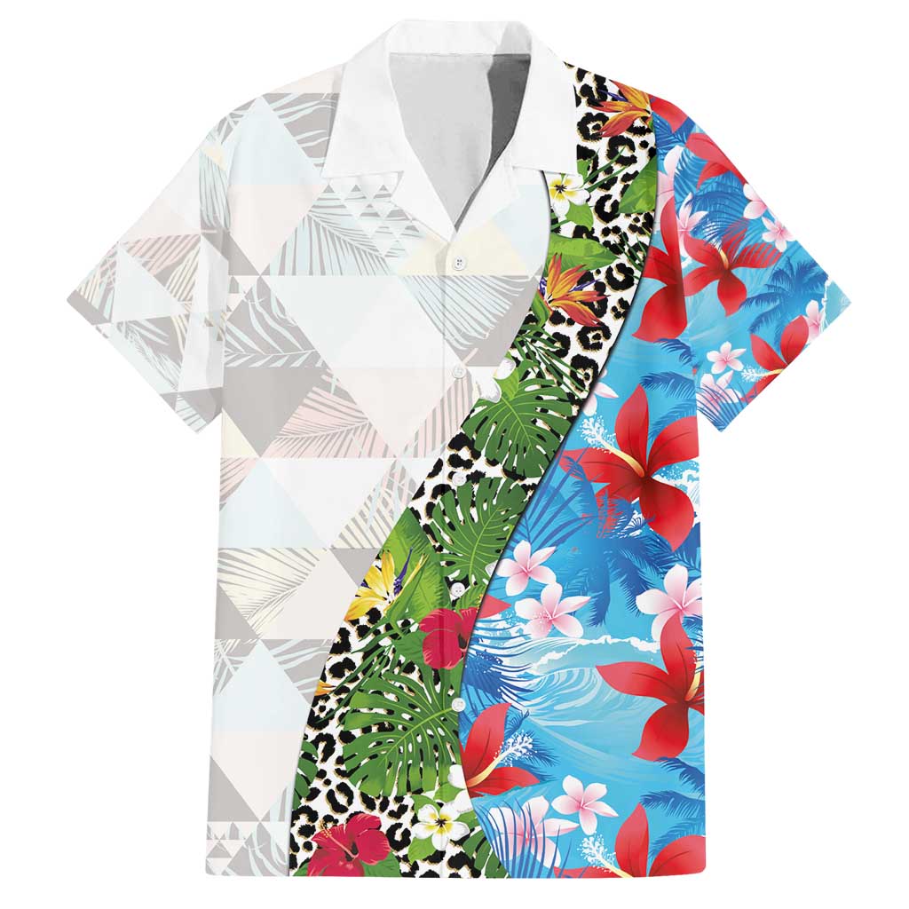 Hawaiian Tropical Flowers and Leaves Family Matching Long Sleeve Bodycon Dress and Hawaiian Shirt on Leopard Pattern Half Style White-Blue Version LT03 Dad's Shirt - Short Sleeve White - Polynesian Pride