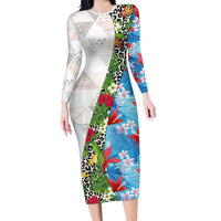 Hawaiian Tropical Flowers and Leaves Family Matching Long Sleeve Bodycon Dress and Hawaiian Shirt on Leopard Pattern Half Style White-Blue Version LT03 Mom's Dress White - Polynesian Pride