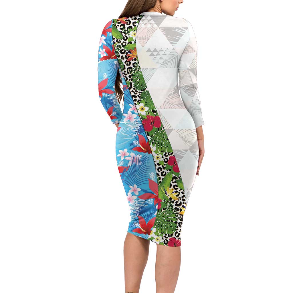 Hawaiian Tropical Flowers and Leaves Family Matching Long Sleeve Bodycon Dress and Hawaiian Shirt on Leopard Pattern Half Style White-Blue Version LT03 - Polynesian Pride