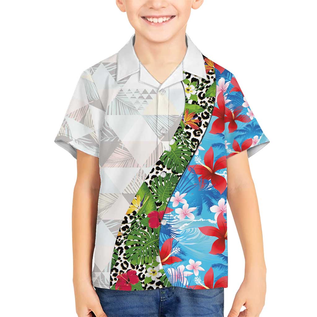 Hawaiian Tropical Flowers and Leaves Family Matching Long Sleeve Bodycon Dress and Hawaiian Shirt on Leopard Pattern Half Style White-Blue Version LT03 Son's Shirt White - Polynesian Pride