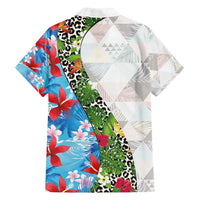 Hawaiian Tropical Flowers and Leaves Family Matching Off Shoulder Maxi Dress and Hawaiian Shirt on Leopard Pattern Half Style White-Blue Version - Polynesian Pride
