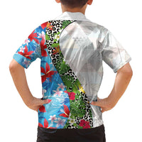 Hawaiian Tropical Flowers and Leaves Family Matching Off Shoulder Short Dress and Hawaiian Shirt on Leopard Pattern Half Style White-Blue Version - Polynesian Pride