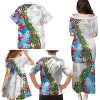 Hawaiian Tropical Flowers and Leaves Family Matching Puletasi and Hawaiian Shirt on Leopard Pattern Half Style White-Blue Version - Polynesian Pride