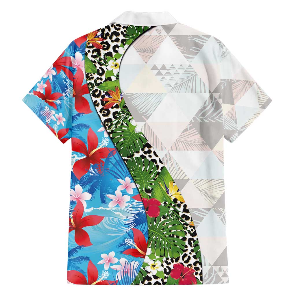 Hawaiian Tropical Flowers and Leaves Family Matching Puletasi and Hawaiian Shirt on Leopard Pattern Half Style White-Blue Version - Polynesian Pride