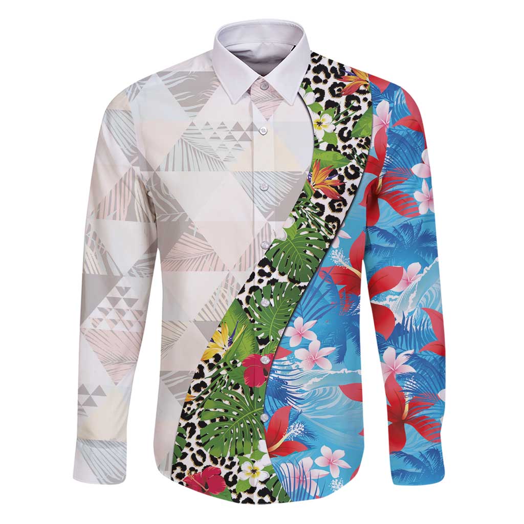 Hawaiian Tropical Flowers and Leaves Family Matching Puletasi and Hawaiian Shirt on Leopard Pattern Half Style White-Blue Version - Polynesian Pride