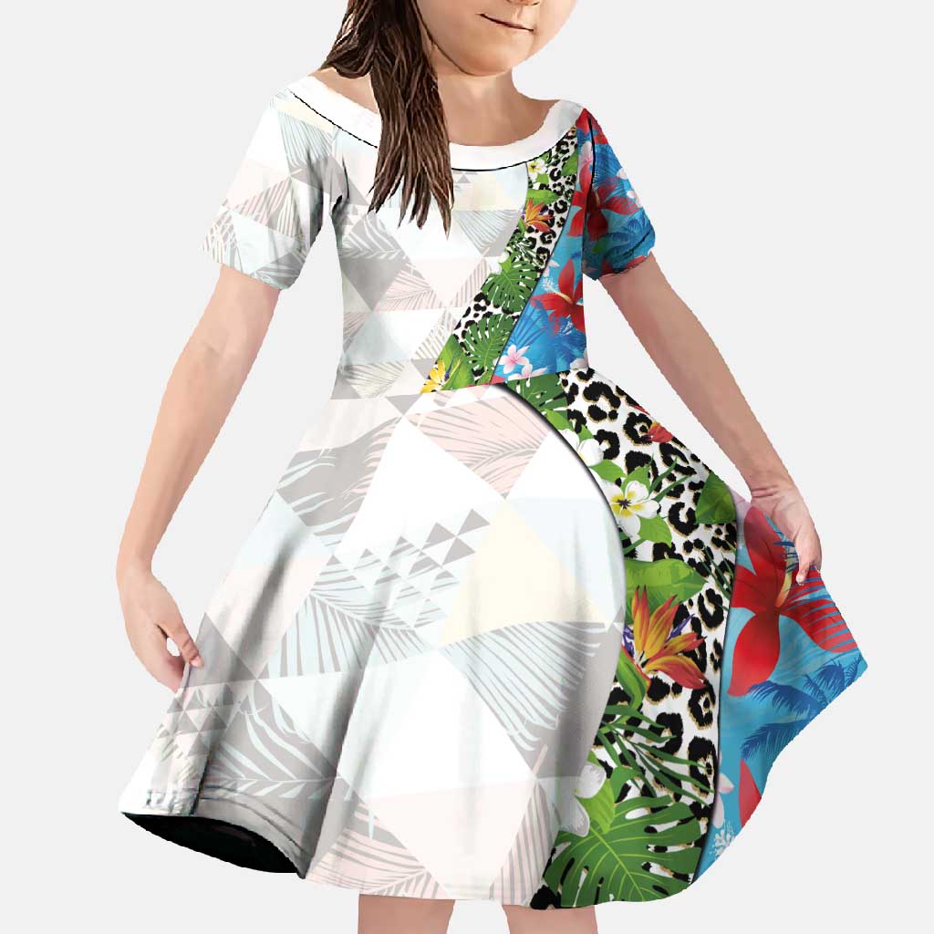Hawaiian Tropical Flowers and Leaves Family Matching Short Sleeve Bodycon Dress and Hawaiian Shirt on Leopard Pattern Half Style White-Blue Version LT03 Daughter's Dress White - Polynesian Pride
