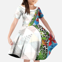 Hawaiian Tropical Flowers and Leaves Family Matching Short Sleeve Bodycon Dress and Hawaiian Shirt on Leopard Pattern Half Style White-Blue Version LT03 Daughter's Dress White - Polynesian Pride