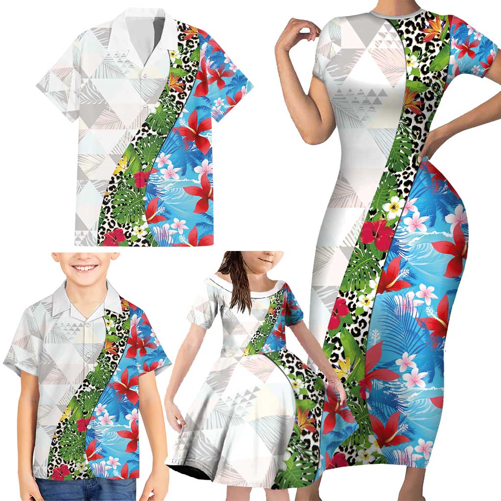 Hawaiian Tropical Flowers and Leaves Family Matching Short Sleeve Bodycon Dress and Hawaiian Shirt on Leopard Pattern Half Style White-Blue Version LT03 - Polynesian Pride