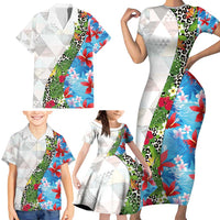 Hawaiian Tropical Flowers and Leaves Family Matching Short Sleeve Bodycon Dress and Hawaiian Shirt on Leopard Pattern Half Style White-Blue Version LT03 - Polynesian Pride