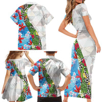 Hawaiian Tropical Flowers and Leaves Family Matching Short Sleeve Bodycon Dress and Hawaiian Shirt on Leopard Pattern Half Style White-Blue Version LT03 - Polynesian Pride